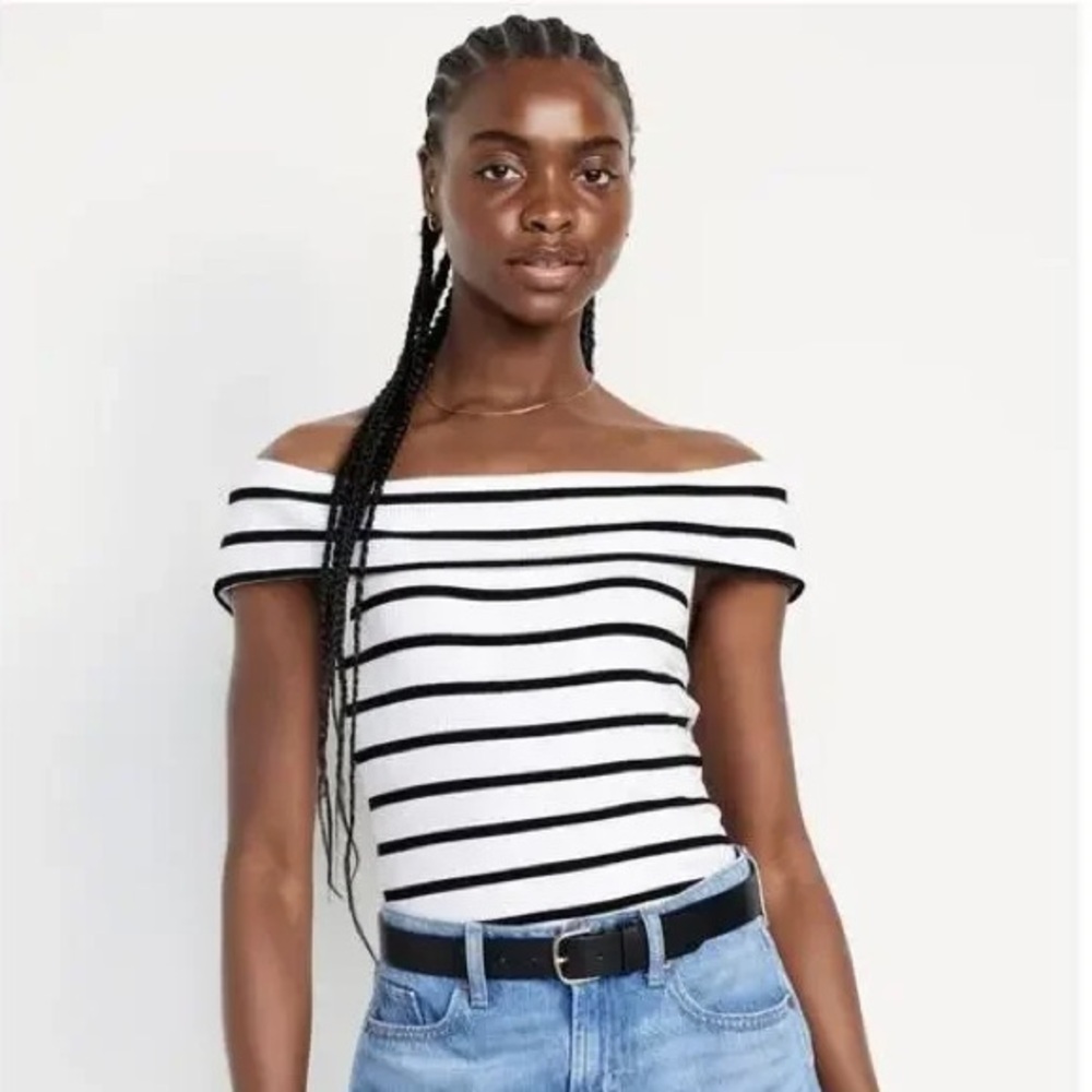 Old Navy Black and White Striped Off-Shoulder Blouse